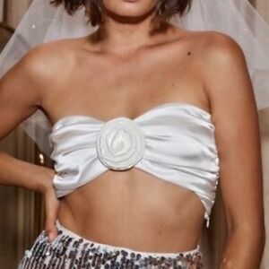 12th Tribe Ivory Satin Rosette Bandeau Crop Top Strapless Floral Womens S